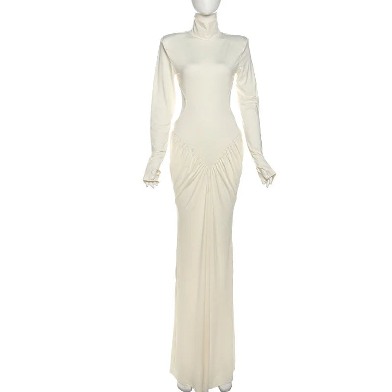 Women's Ruched Long Sleeve Maxi Dress - Elegant Backless Evening Gown