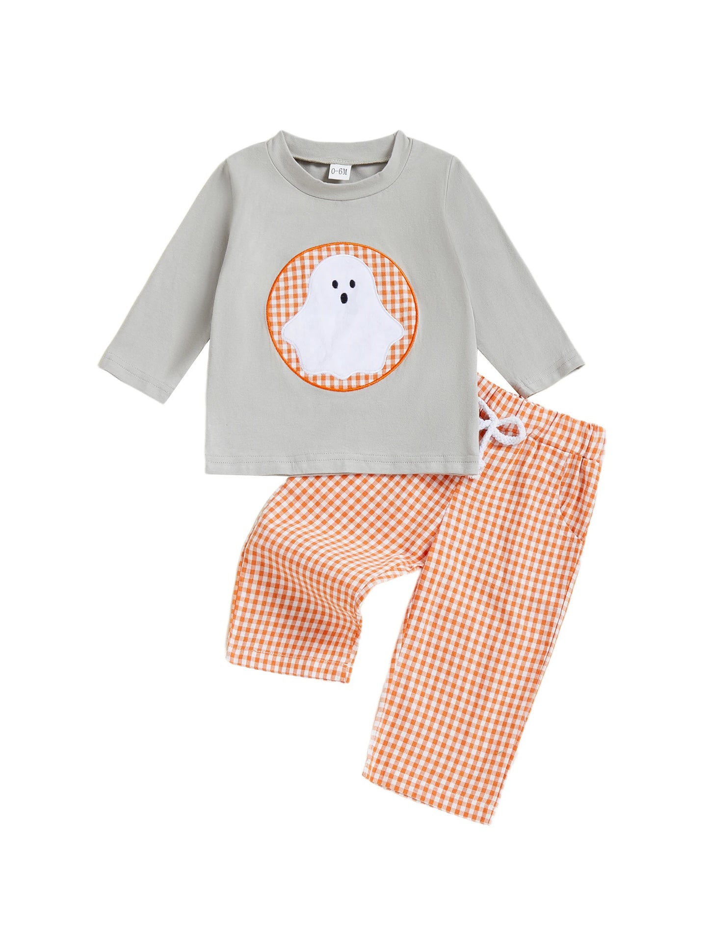 Toddler Boys Halloween Clothes Set - Ghost Embroidery Sweatshirt & Plaid Pants (0-4Y)