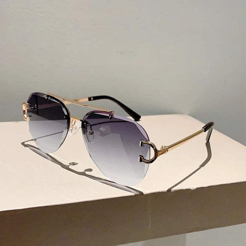 Unisex Vintage Rimless Classic Double Bridge Pilot Gradient Sunglasses