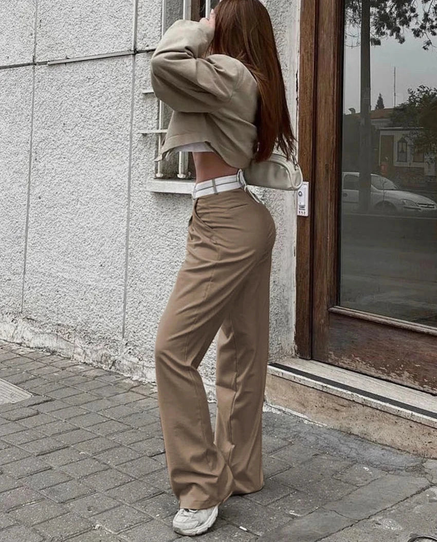 Women's Elegant Loose High Waist Straight Casual Chic Spliced Trousers