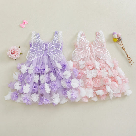 0-4Y Kids Girls Sleeveless Strap 3D Roses Lace Tulle Layered Dress with Wings