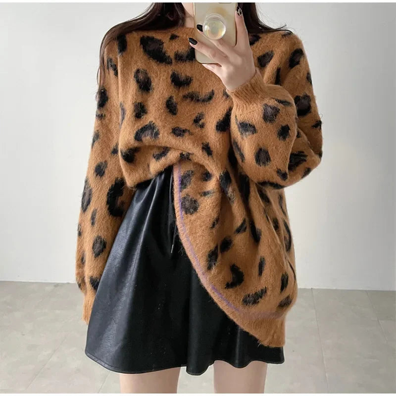 Women's Leopard Print Pullover Loose Oversized Sweater