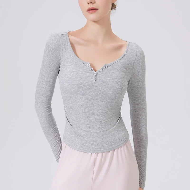 Women's Long Sleeve V-Neck Yoga Shirt - Slim Fit Breathable Workout Top