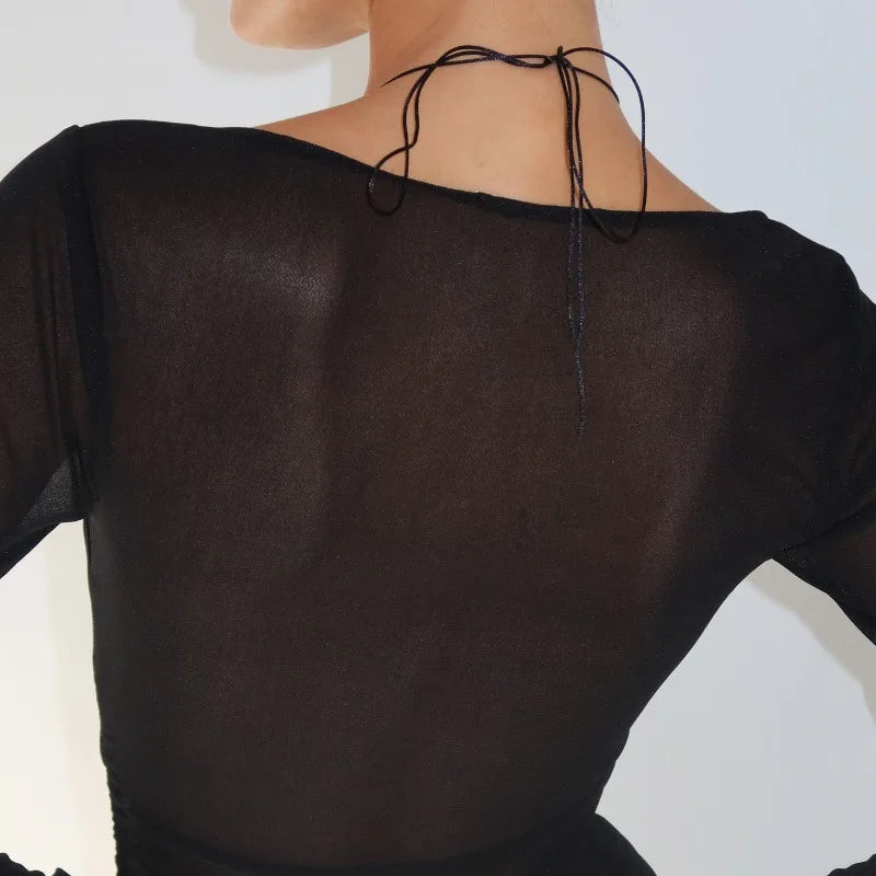 Women's Mesh See Through Long Sleeve Top - Asymmetrical Halter Style
