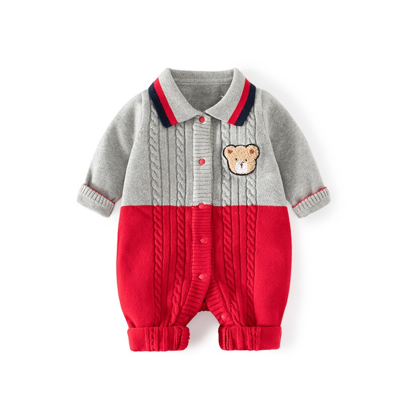 Baby's Toddler Cute Bear Splice Knit Romper Jumpsuit