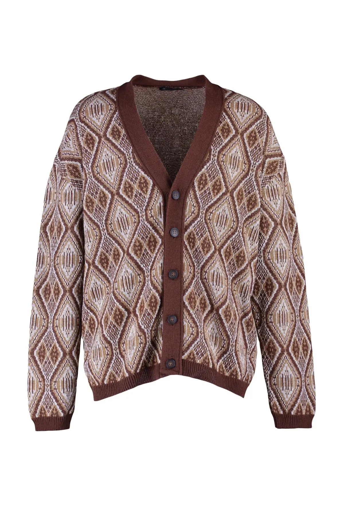 Men's Diamond Pattern V Neck Button Off-Shoulder Knitwear Cardigan