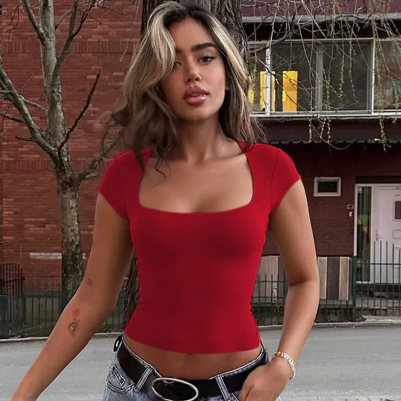 Women's Y2K Square Collar Cropped Top - Short Sleeve Slim Fit Summer Tee