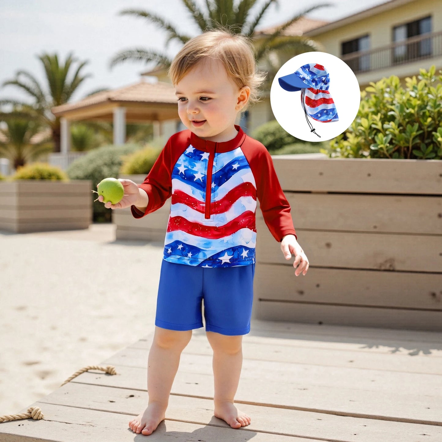 0-5Y American Flag Kids Boys 4th Swimwear Clothes Sets Long Sleeve Stars Print T-shirt with Shorts and Hat