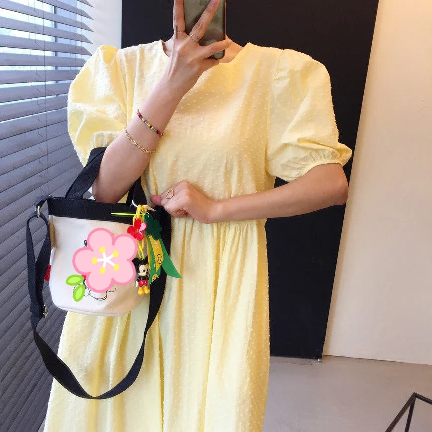 Women's Long Dress Casual Round-neck Puff Short Sleeve Elegant Loose Chiffon Dress