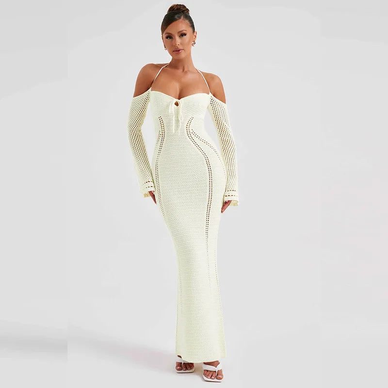 Women's Off Shoulder Halter Knit Dress - Long Sleeve Elegant Backless Tie Front Maxi Dress