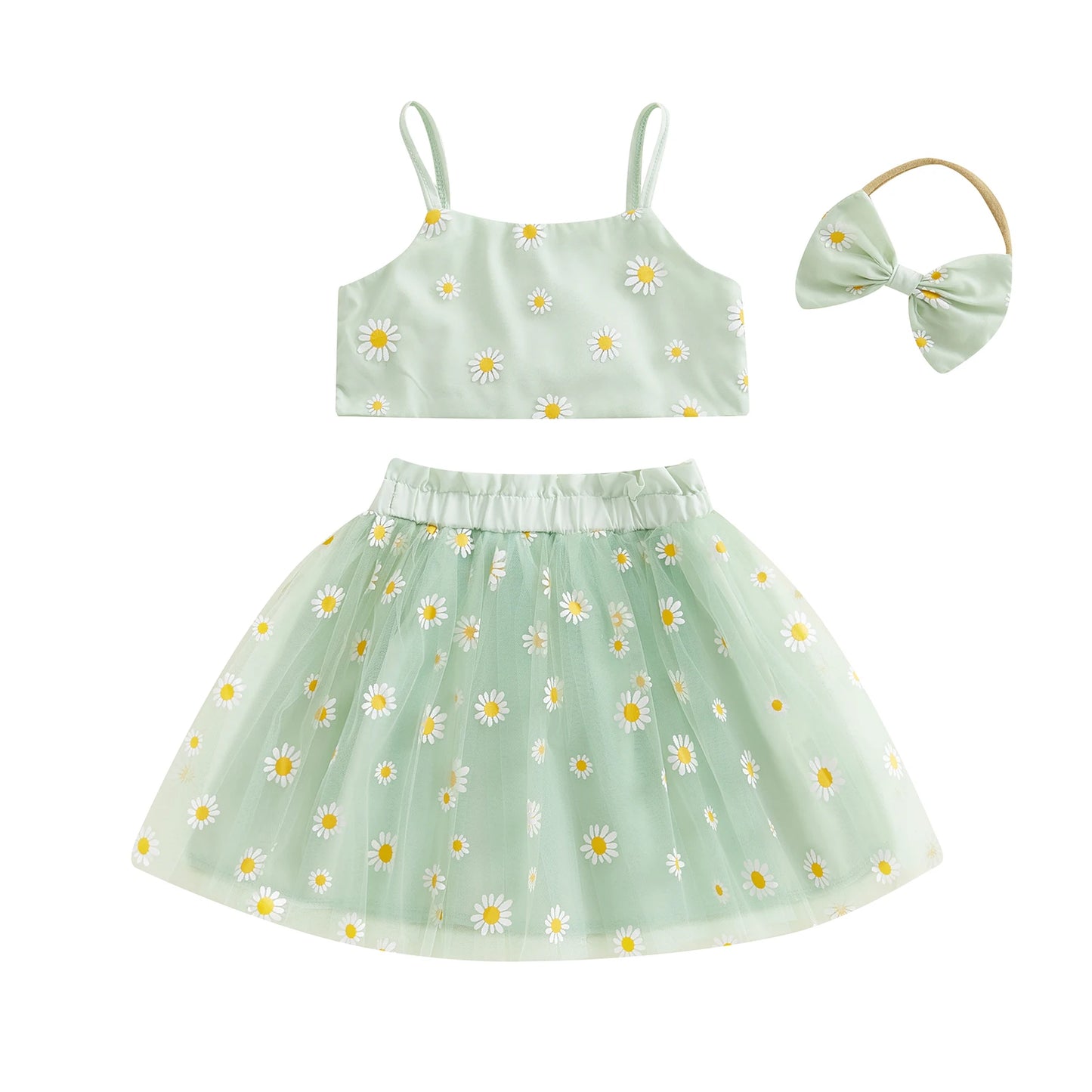 0-3Y Toddler Baby Girls Summer Clothes Sets Sunflowers Print Spaghetti Strap Top and Tulle Skirt Bow Headband