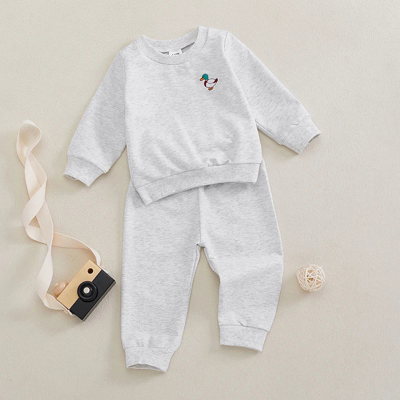 0-4Y Infant Baby Boys Fall Clothes Sets 2pcs Duck Embroidery Long Sleeve Crew Neck Tops with Elastic Waist Pants