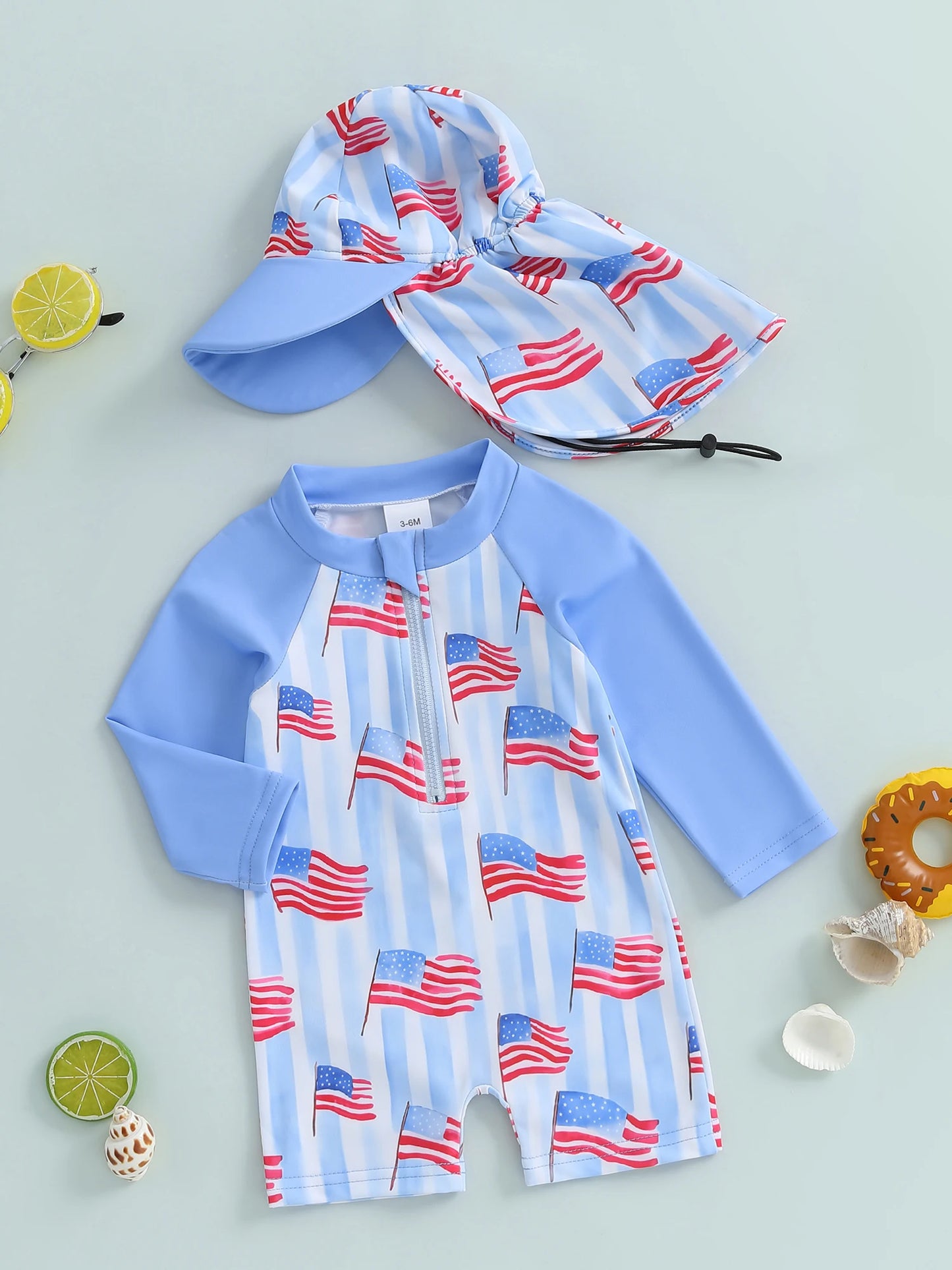 0-5Y Kids Boys Rash Guard Swimsuits Flag Print Long Sleeve Zip Up Bathing Suit with Neck Flap Sun Cap