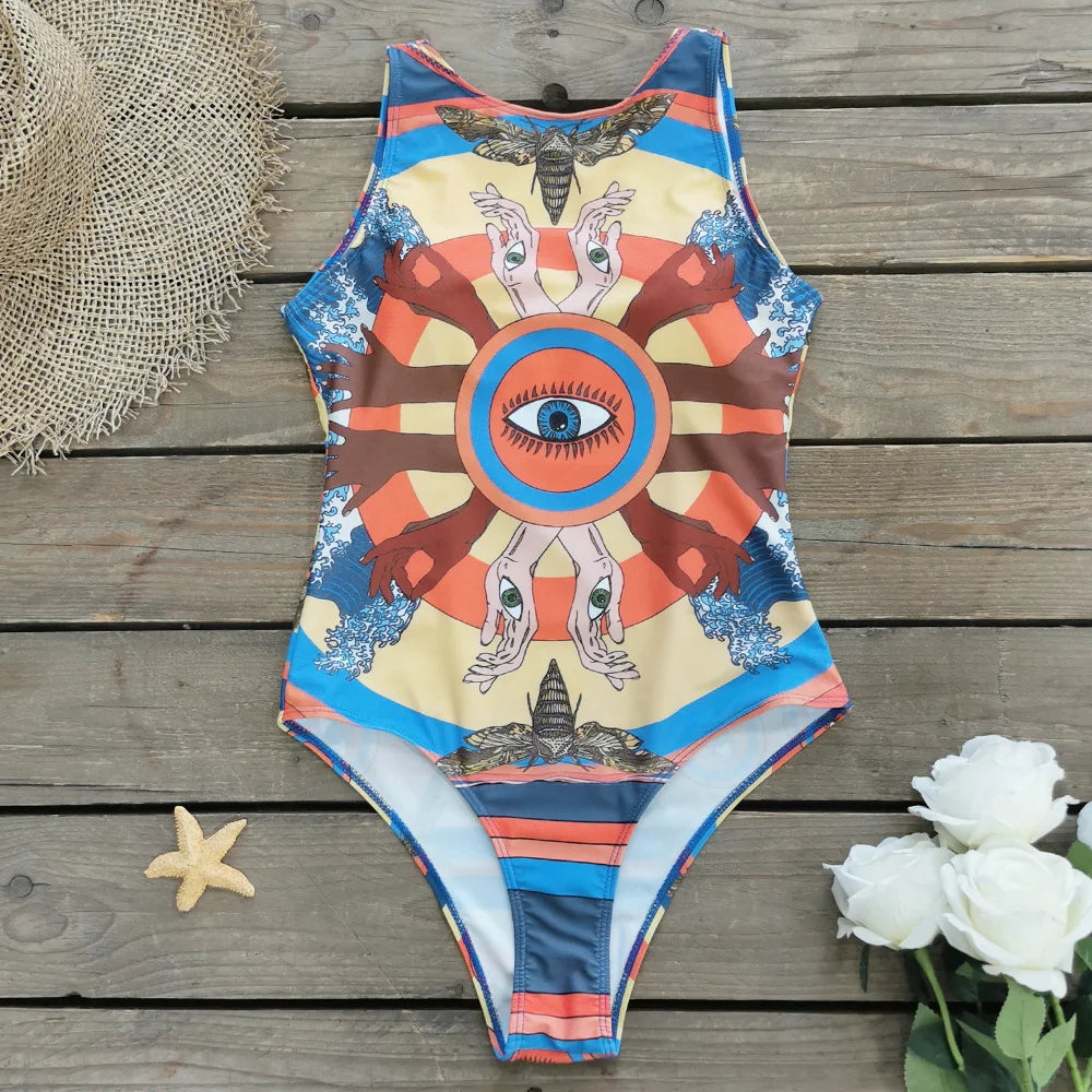 Women's Print One Piece Swimsuit Vintage Retro Backless Monokini