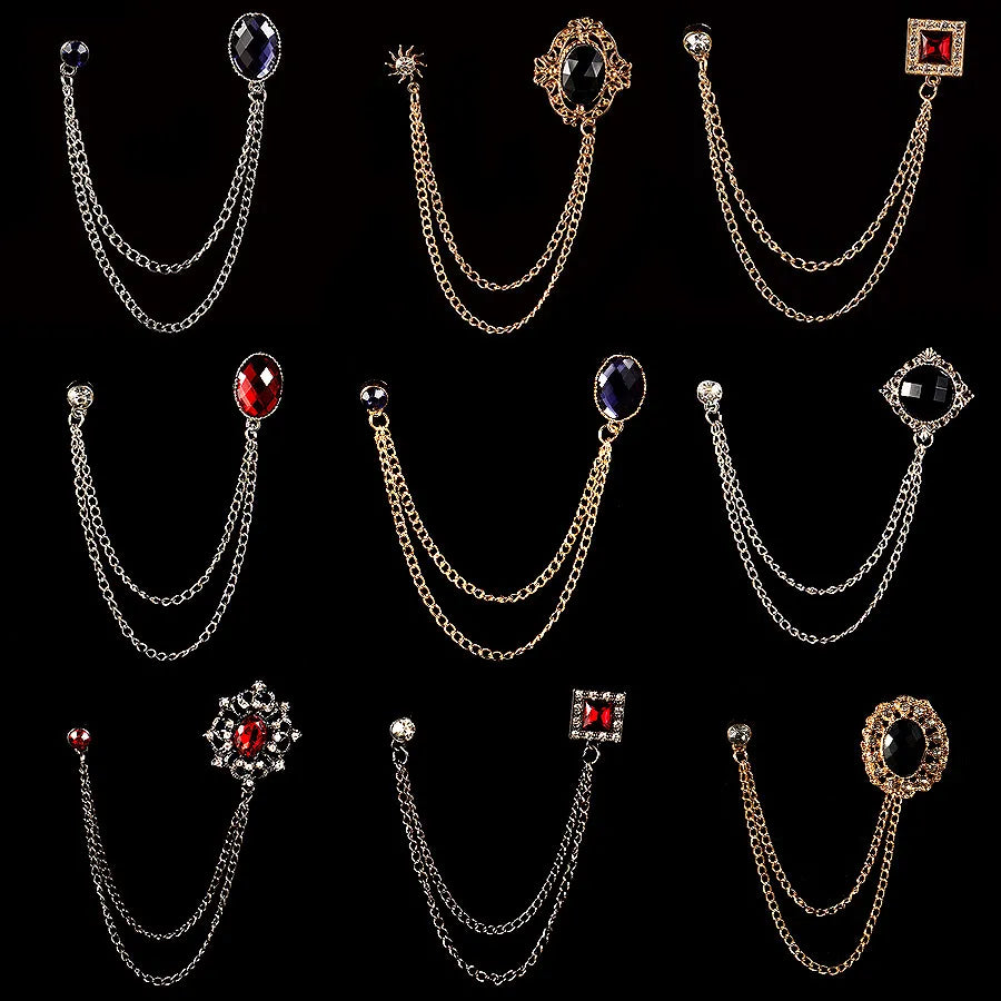 Men Rhinestone Classic Chain Badges Pin Brooches