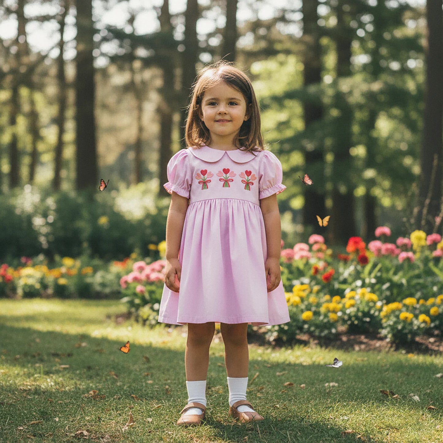 Girls Princess A-Line Dress - Floral Embroidery Doll Collar Short Sleeve