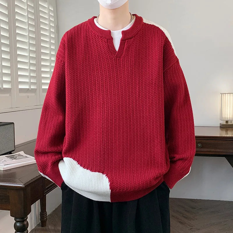Men's Winter Knitted Sweater - V-Neck Patchwork Pullover