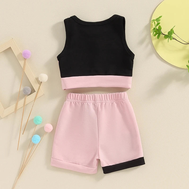 Toddler Baby Girls Summer Sleeveless Contrast Colour Tank Tops Drawstring Shorts Sets 1-5 Years Old