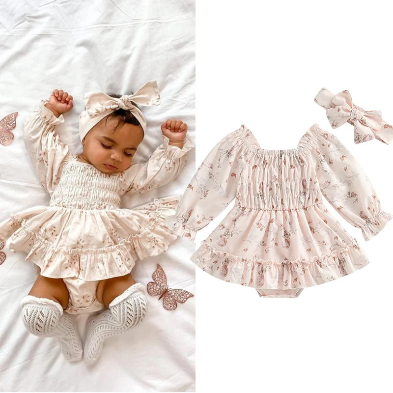 Princess Baby Girl Romper Dress - Ruffles Long Sleeve Floral Print with Headband