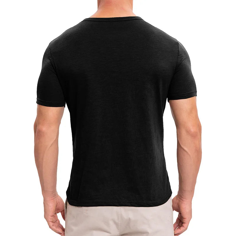 Men's Summer Henry Collar Short Sleeve Casual Pullover T-Shirt