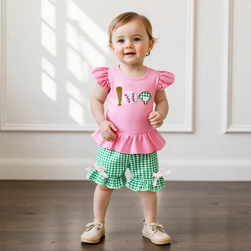 Baby Girls Summer Clothes Set - Baseball Embroidery Ruffle T-Shirt & Shorts