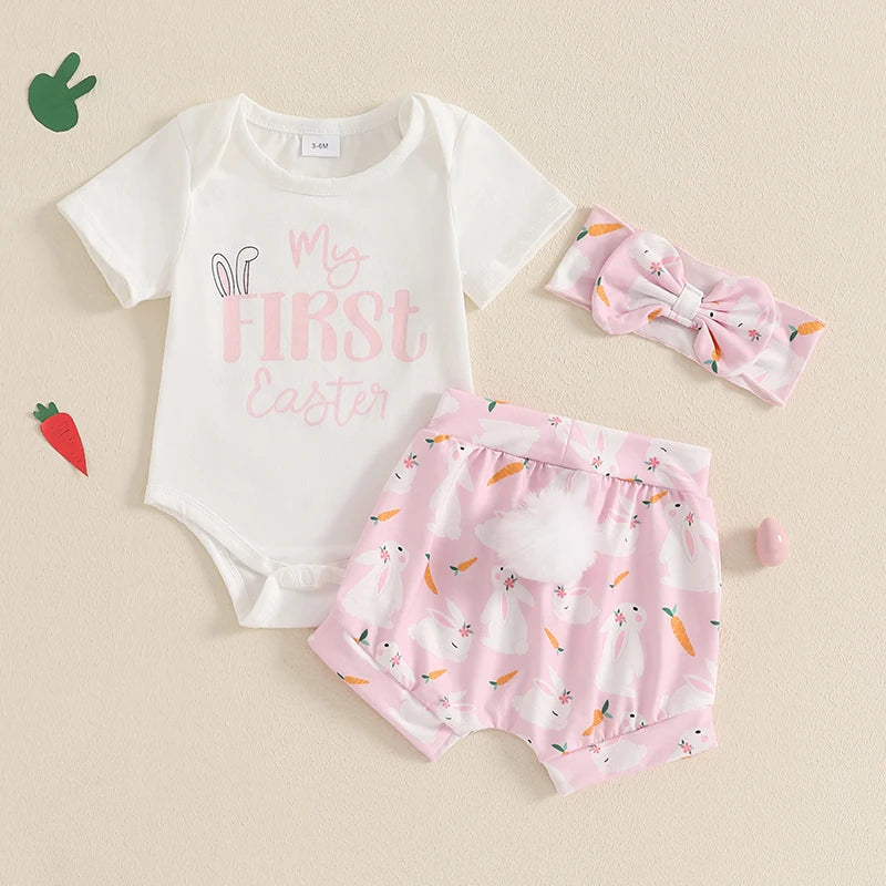 Baby Girls' Easter Outfit Set - Letter Print Romper, Carrot Bunny Shorts & Headband 3pcs