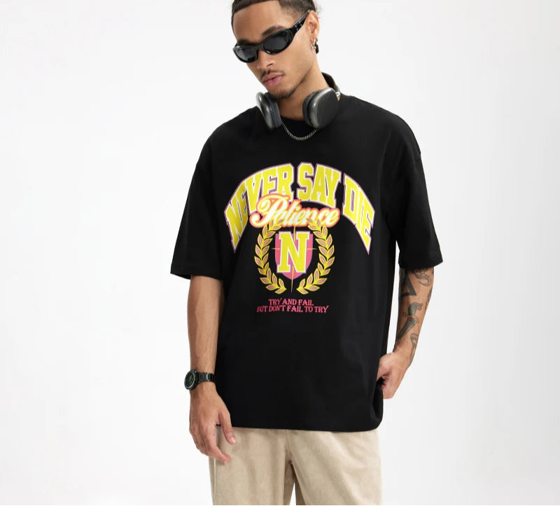 Men's College Printed Suede Beaded American Style Loose Short Sleeve T-Shirt