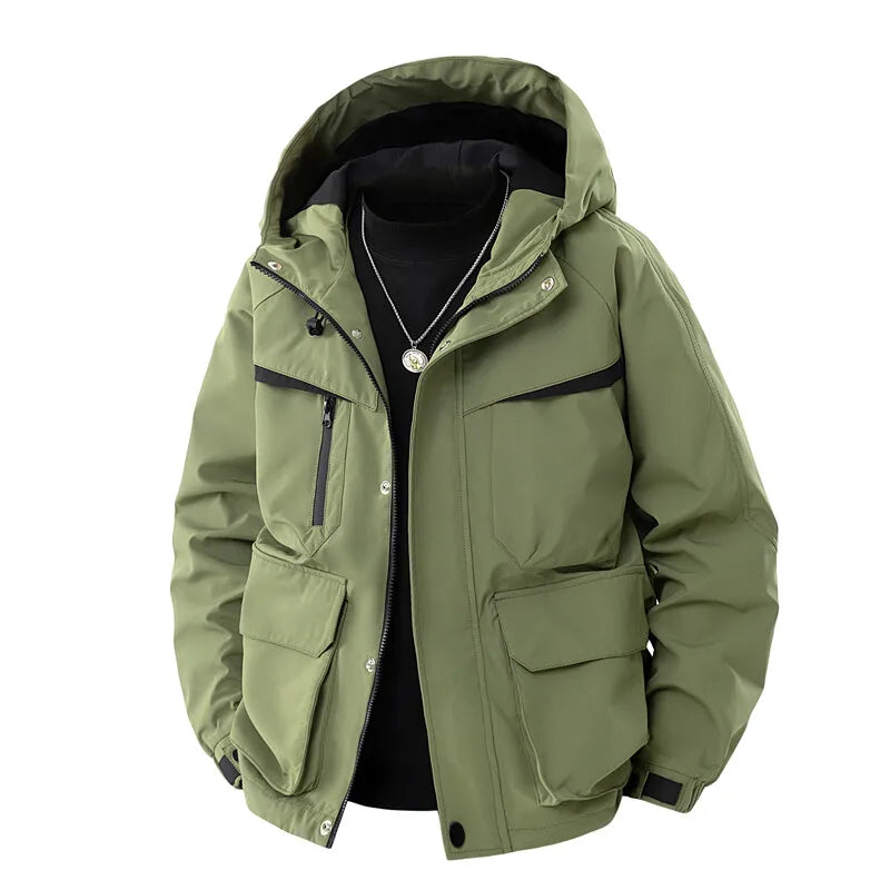Men's Hooded Outdoor Jacket - Solid Colour Casual Outerwear with Zippers
