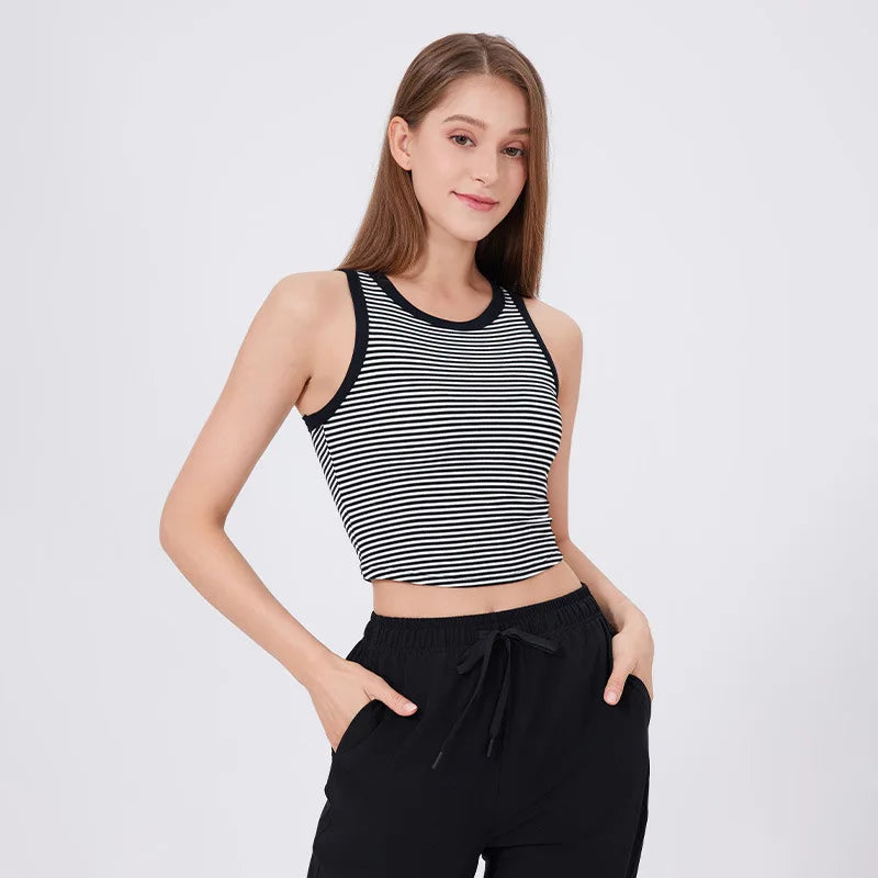 Women's Sleeveless Gym Crop Top Summer Stripes Running Vest With Chest Pads Breathable Quick Dry Sportswear Workout Vest