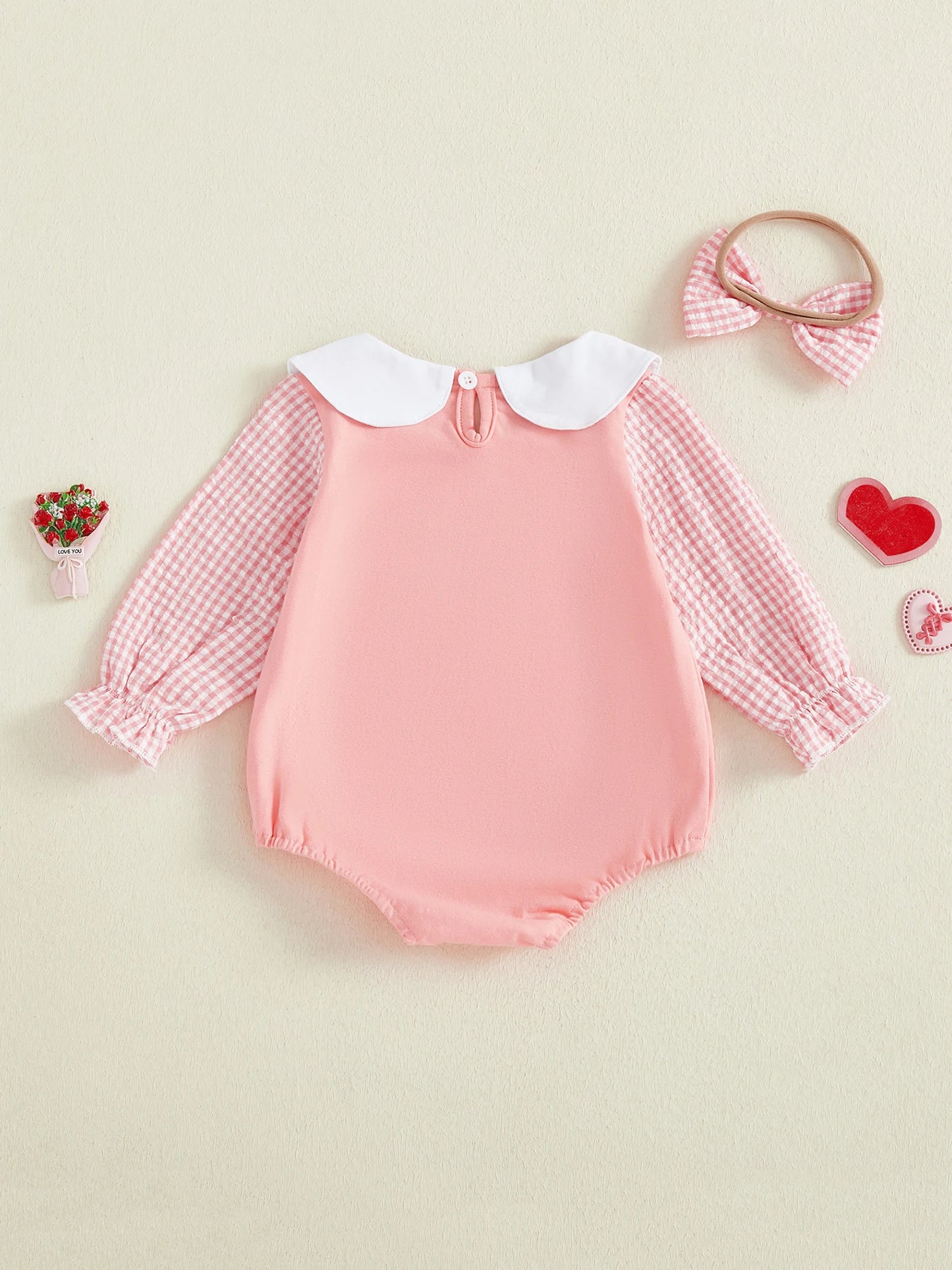 Baby Girls Boys Valentine's Day Letter Heart Embroidery Plaid Long Sleeve Doll Collar Romper