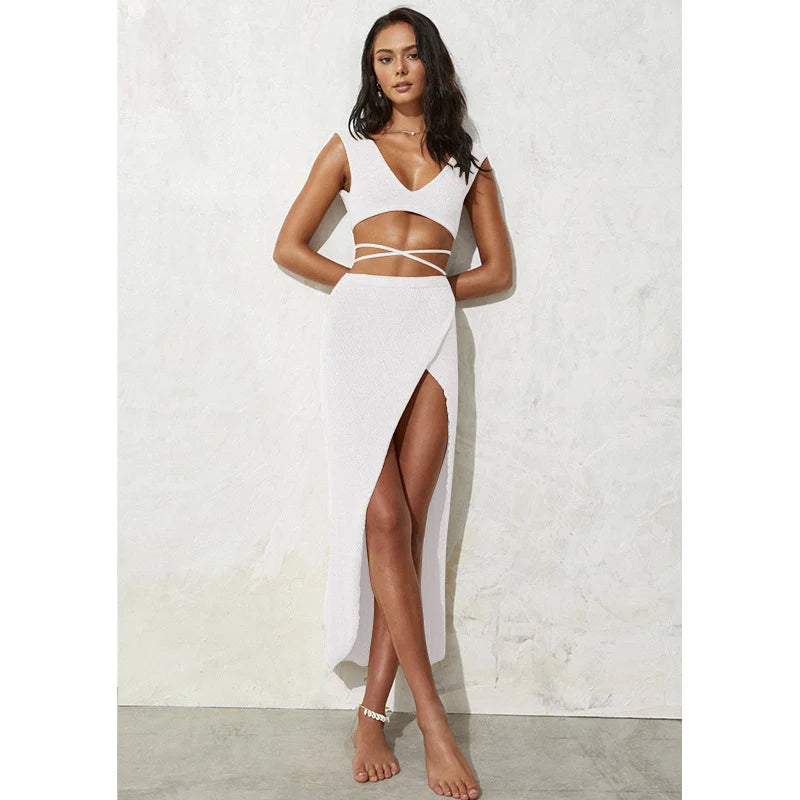 Women's Cover-ups Knitted Beach Cover Up V Neck Camisole Blouse Bodycon Slit Long Skirt Two-piece Set