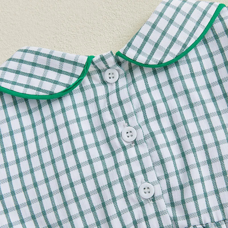Baby Girls Summer Plaid Romper - Doll Collar Short Sleeve with Flower Embroidery (0-18M)