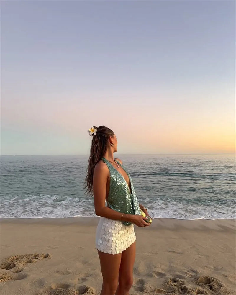 Women's Halter Deep V Neck  Sequins Tank Cropped Top