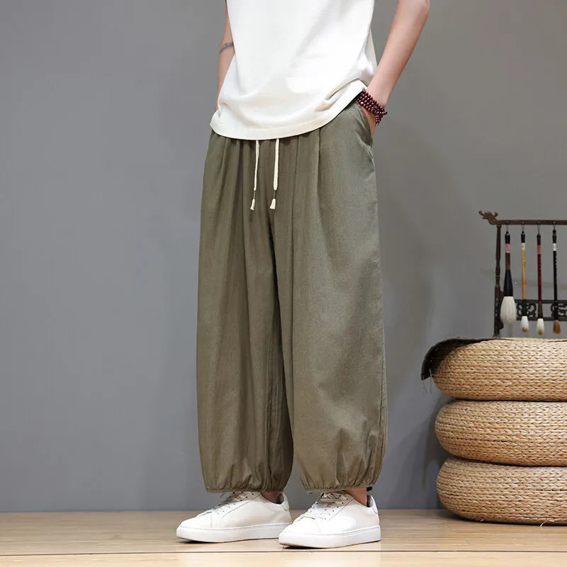 Men's Summer Wide Leg Pants Casual  Breathable Loose Ankle Length  Harem Trousers
