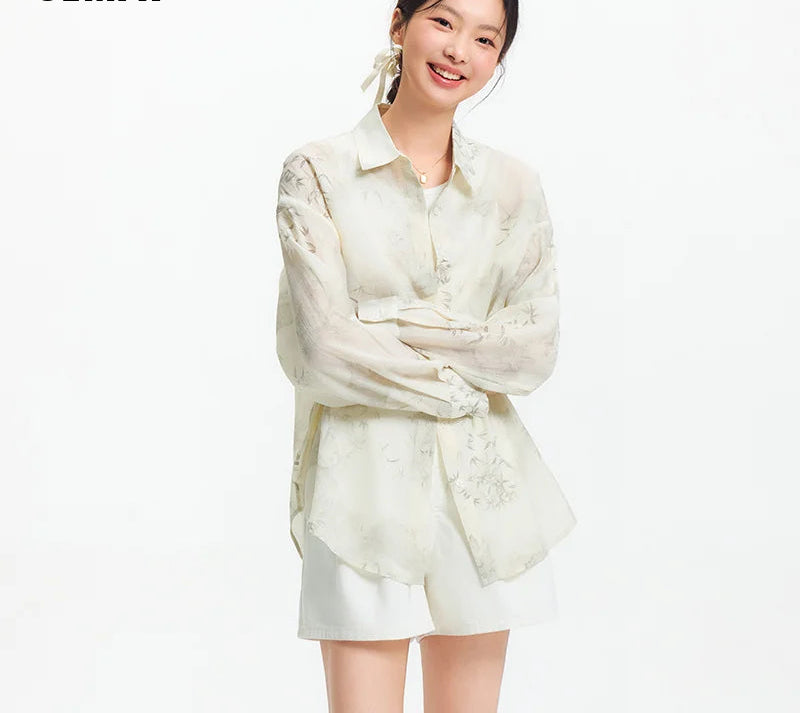 Women's Long Sleeve Oversized Shirt - Mid-Length Relaxed Fit with Artistic Ink Print