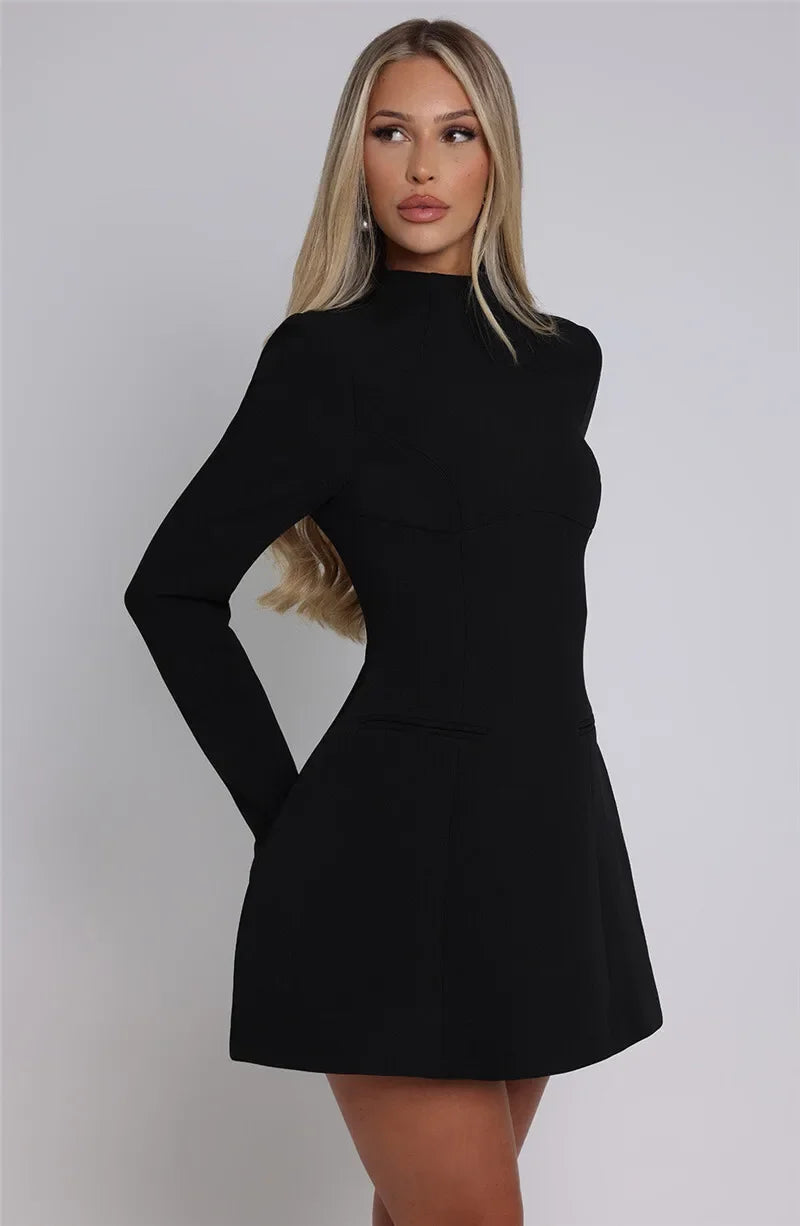 Women's Long Sleeve Backless Mini Round Neck High Waist A-line Bodycon Dress