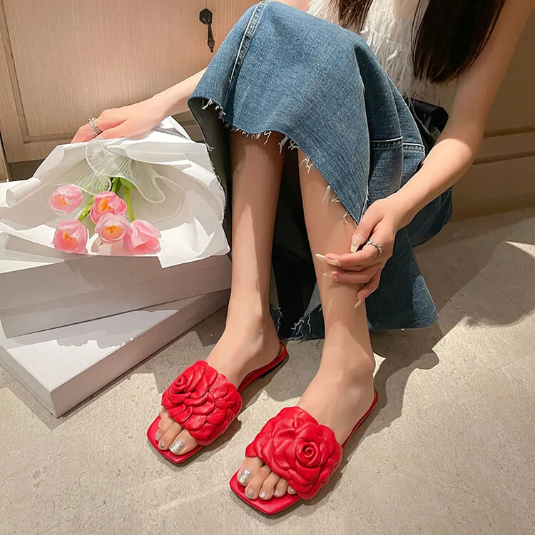 Women's 3D Flower Handmade Rose Head Layer Cowhide Open Toe Square Toe Slippers