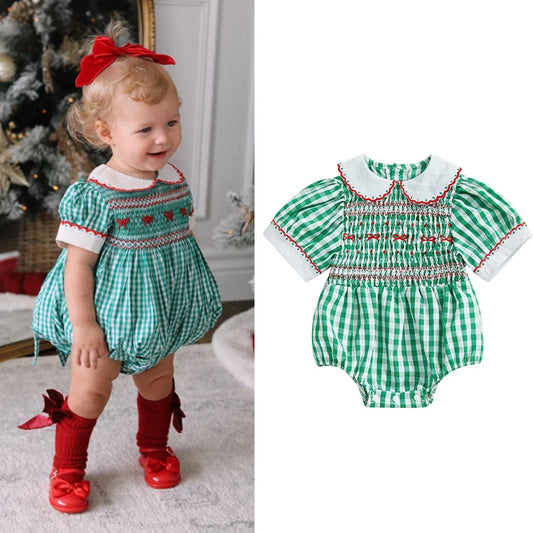 0-24M Baby Girls Plaid Romper Short Sleeve Doll Collar Bows Embroidery Infant Bodysuit Summer Clothes