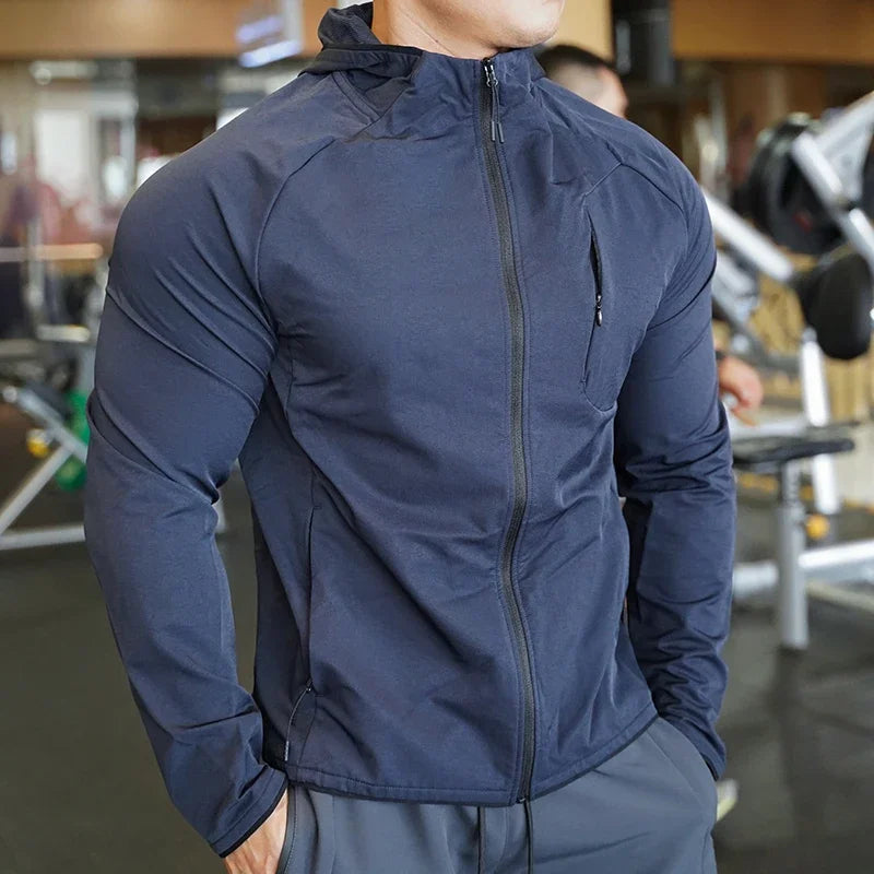 Men's Nylon Sport Coat Gym Fitness Hoodies Outdoor Workout Tops Hooded Training Running Zipped Jacket