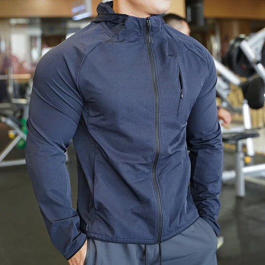 Men's Nylon Sport Coat Gym Fitness Hoodies Outdoor Workout Tops Hooded Training Running Zipped Jacket