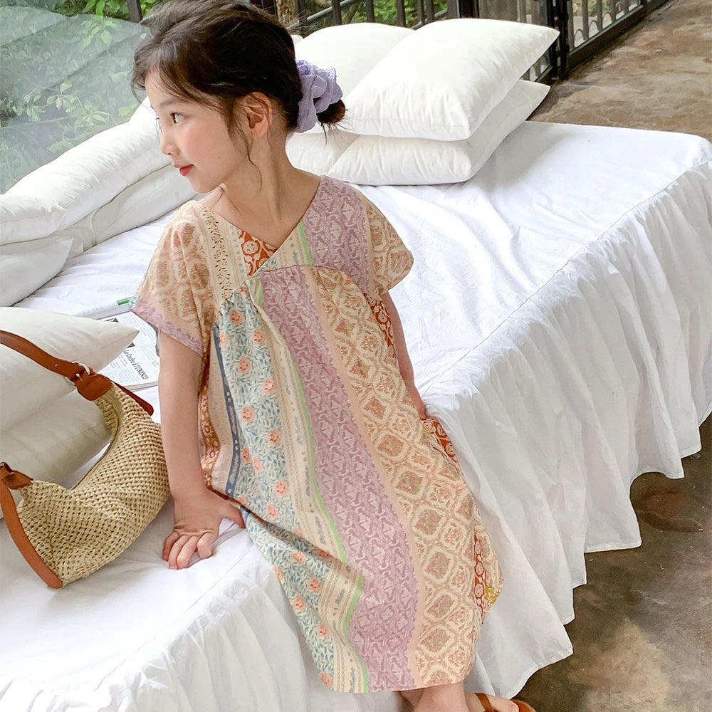 Girl's Summer V-neck Geometric Pattern Printed  Beach Casual Dress