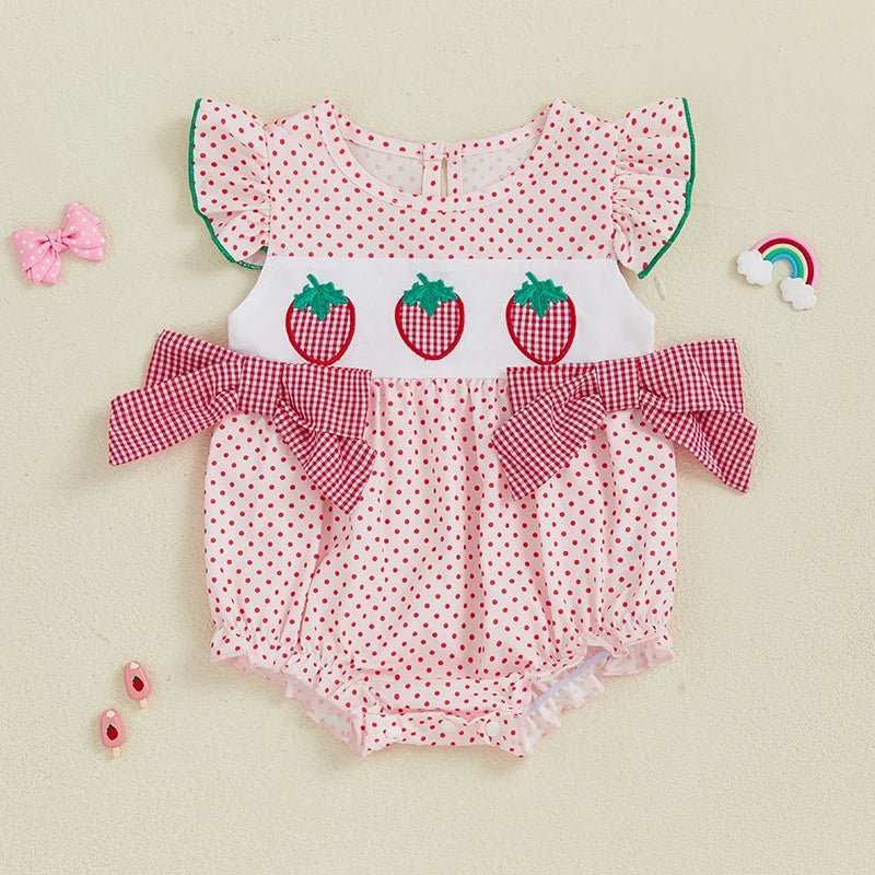0-18M  Baby Girls Romper for Summer Strawberry Embroidery Dot Print Crew Neck Ruffled Flying Sleeve Babygrow Jumpsuit
