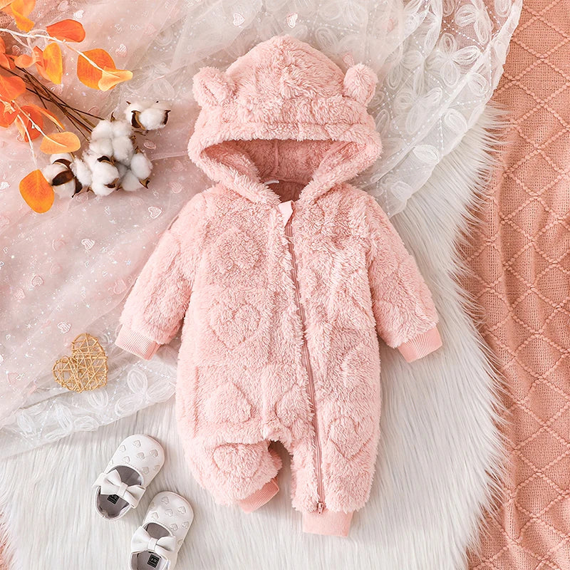 Baby Girls Boys Warm Romper 0-18M Solid Plush Hooded Long Sleeve Jumpsuits