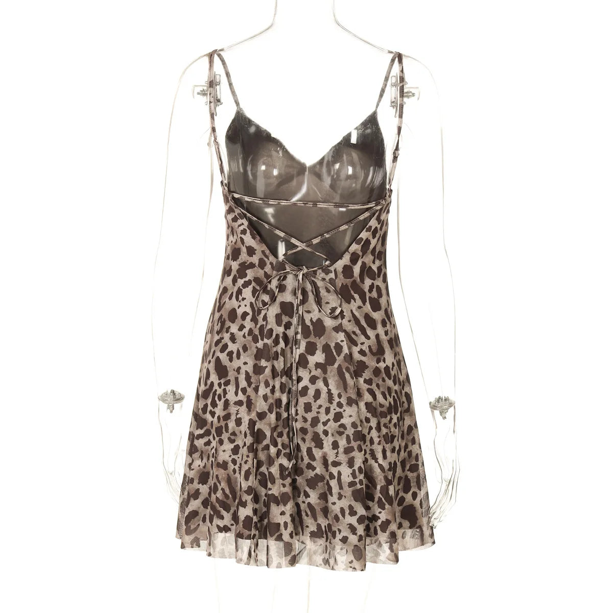 Women's Leopard Print Backless Mini Dress - V Neck Mesh Slip Coquette Summer Dress