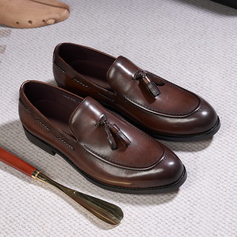 Classic Men's Tassel Loafers Genuine Leather Handmade Slip on Comfortable Office Wedding Shoes