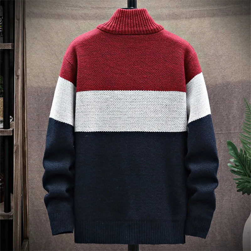 Men's Knit Cardigan Patchwork Stand Collar Zipper Knitted Thick Sweater