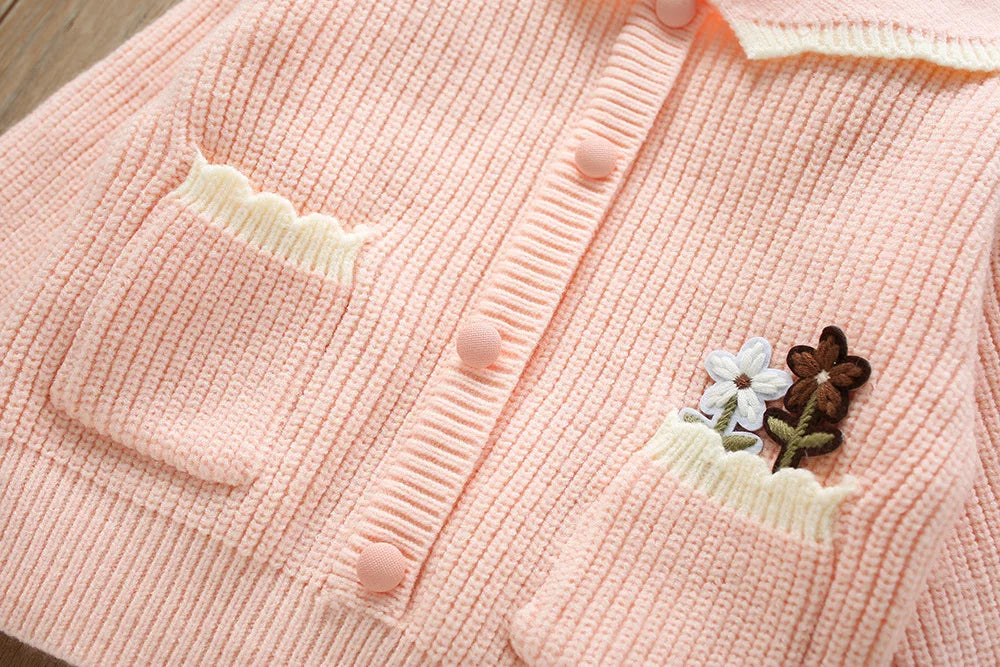 Girl's Clothes Collar Embroidery Flower Knit Cardigan Sweater and Short Skirt Two-piece Set