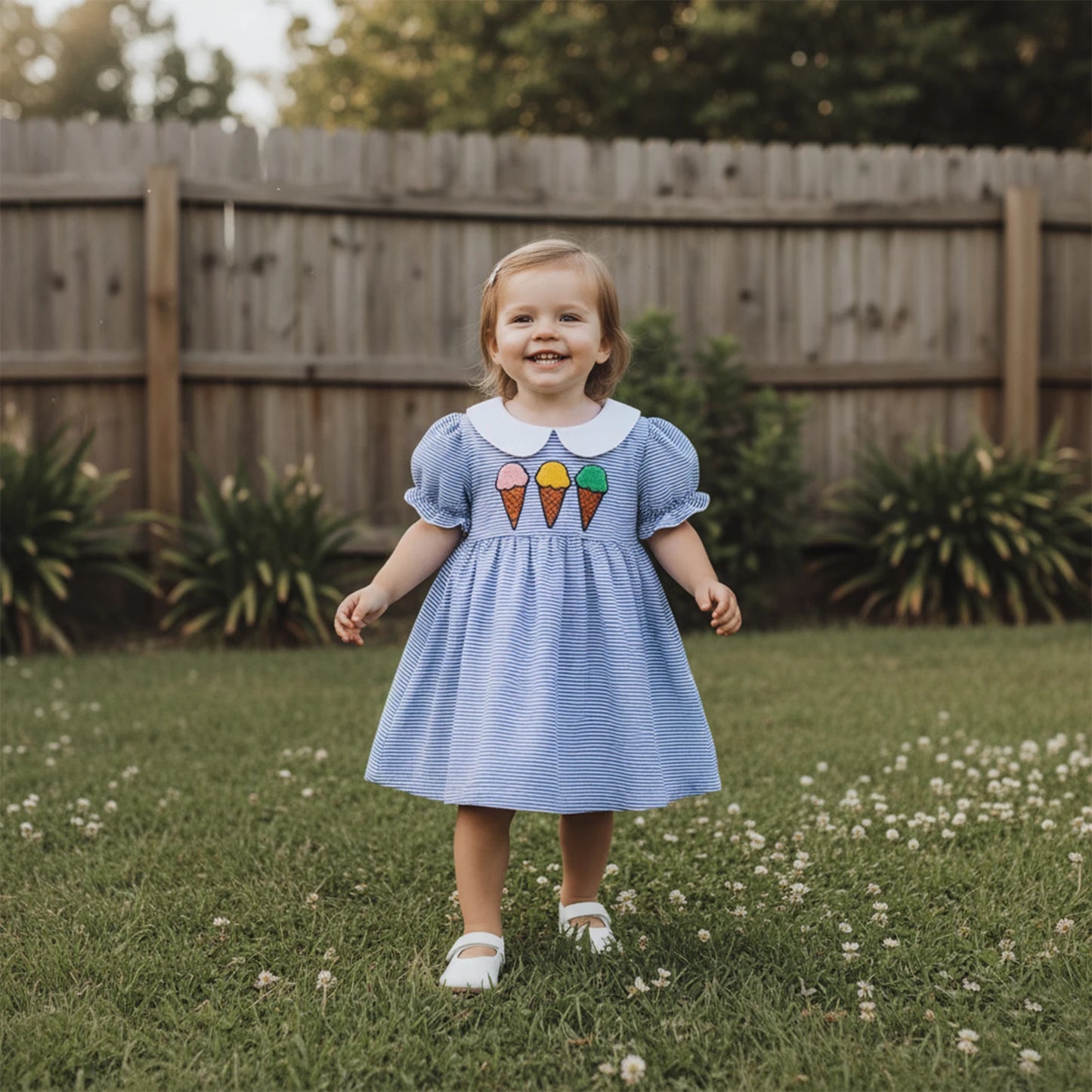 Girls A-Line Dress - Ice Cream Embroidery Striped Doll Collar Dress
