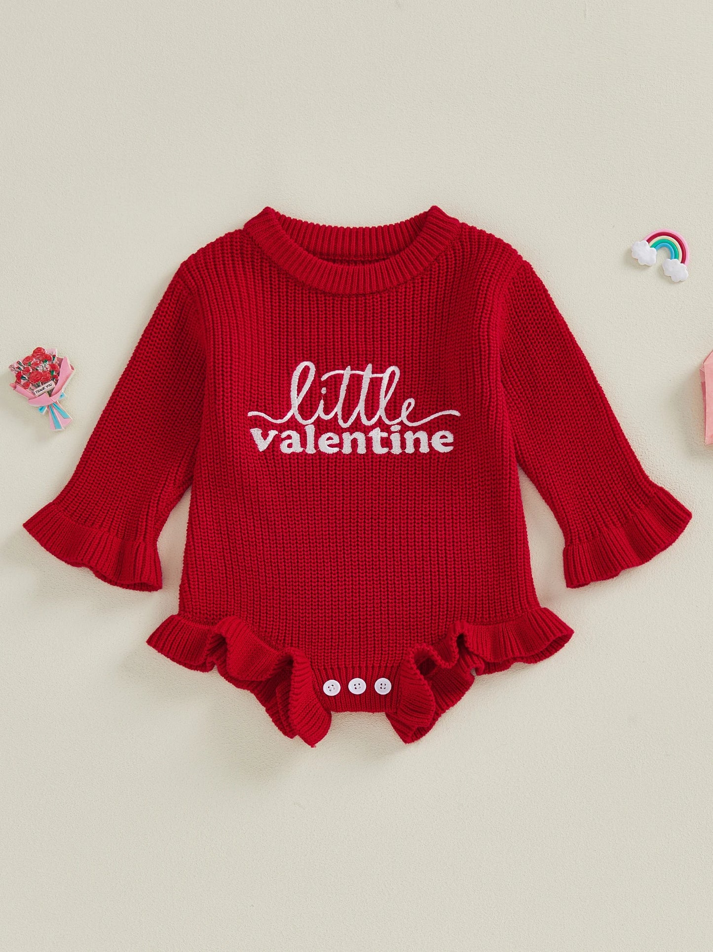 Baby Girls Boys Valentine's Day Sweater Romper - Letter Embroidery Long Sleeve Jumpsuit 0-18M