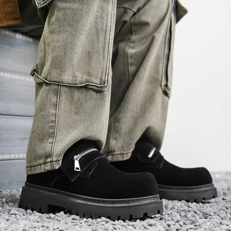 Men's Suede Leather Platform Work Shoes - Zipper Business Sneakers